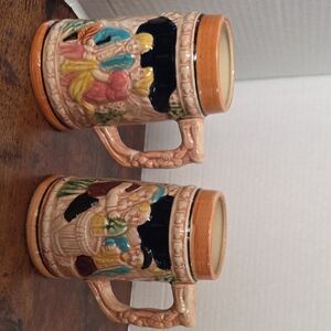 2pc German style beer stein is hand painted and made in the 1950s in Japan